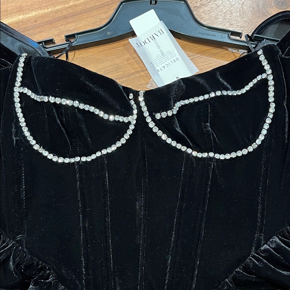 Bardot Black Velvet  Dress with crystal Details - Picture 3 of 11